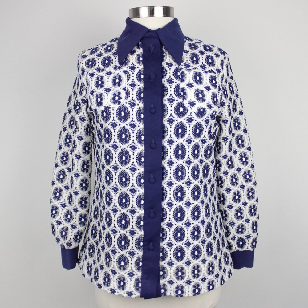 Vintage 70s 2-Piece Lace Overlay Blue + White Blouse